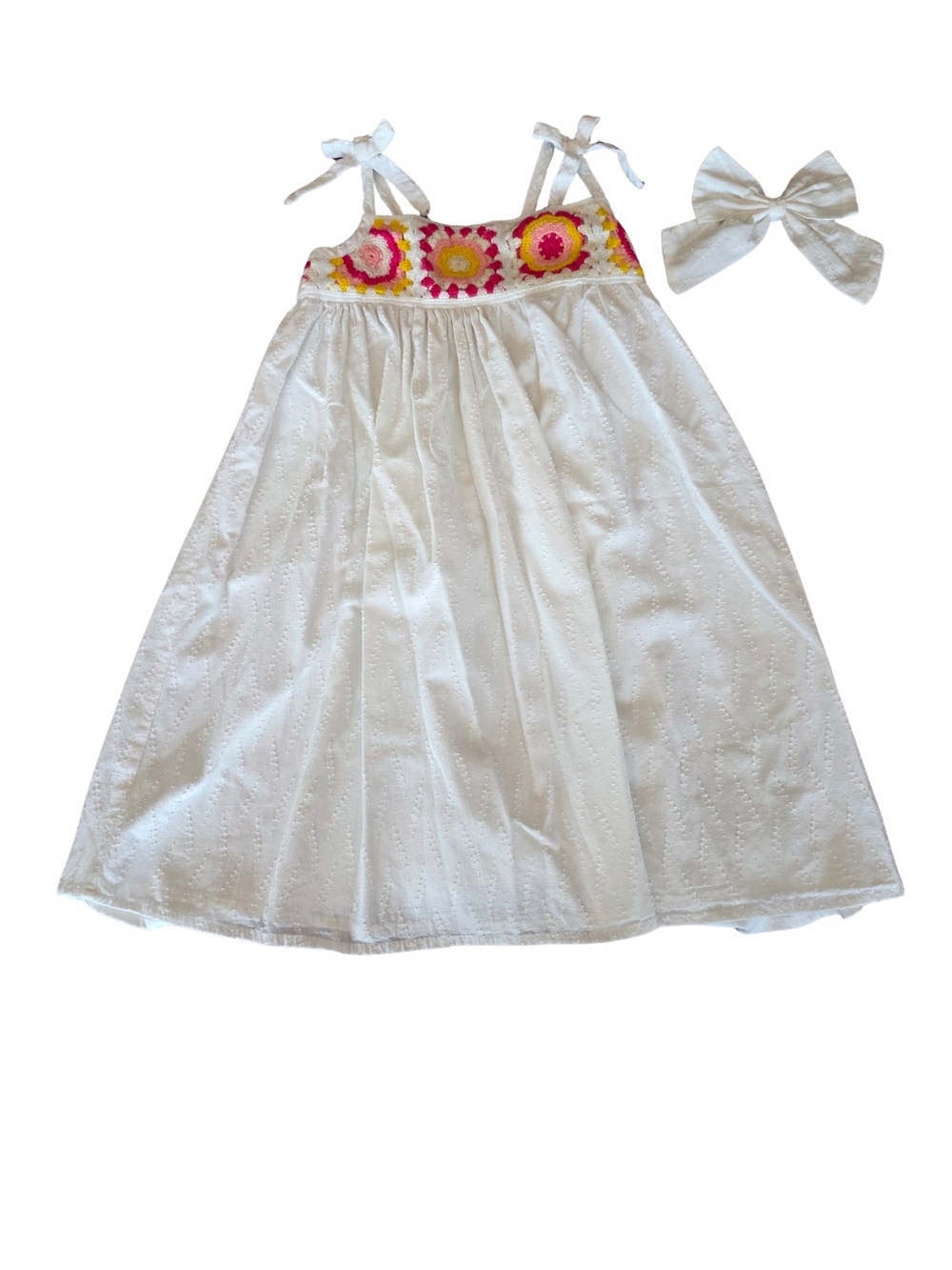 Blueberi Boulevard White Eyelet Dress with Pink & Yellow Embroidery